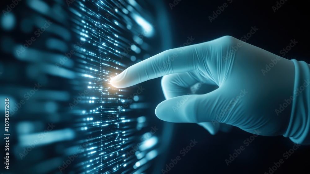 Poster a hand in a glove interacting with digital data streams.
