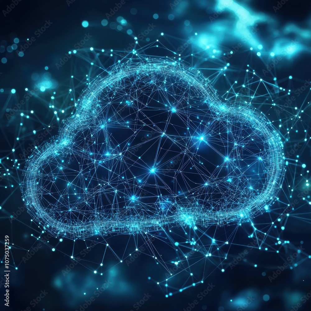 Poster cloud computing technology: glowing digital network connections on dark background