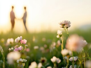 Fototapeta premium A romantic couple holding hands in a blooming flower field.