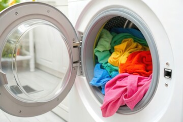 A front loading washing machine is filled with vibrant, colorful clothes in a cozy laundry space. The rainbow hues of the garments are visible as they tumble inside during the washing process, creatin