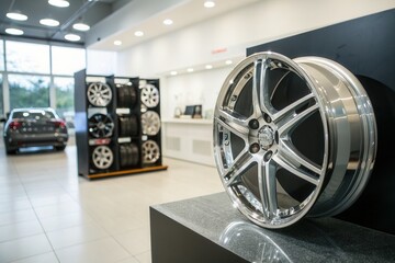 A polished alloy wheel stands out on a display pedestal in an upscale automotive showroom. Adjacent shelves showcase various wheel designs, while a sleek car is parked in the background.