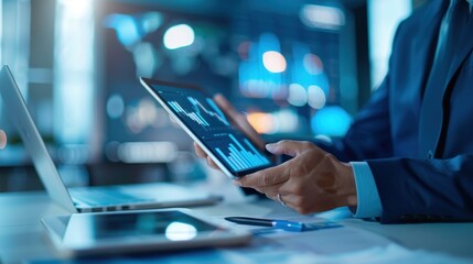 Businessman analyzing financial data on digital tablet, concept of market trends and modern financial management