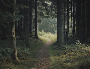 Fototapeta premium a forest path leading through an ancient woodland, with tall trees and green grasses