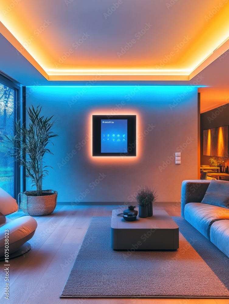 Poster the cozy living room showcases soft, ambient smart lighting and touch panels, creating a warm and in