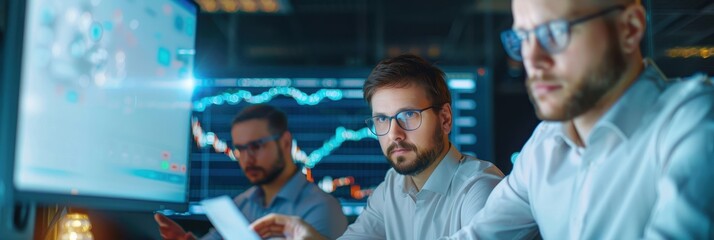 Focused team of financial analysts reviewing stock market data displayed on multiple screens, representing collaboration in investment strategy and market analysis.