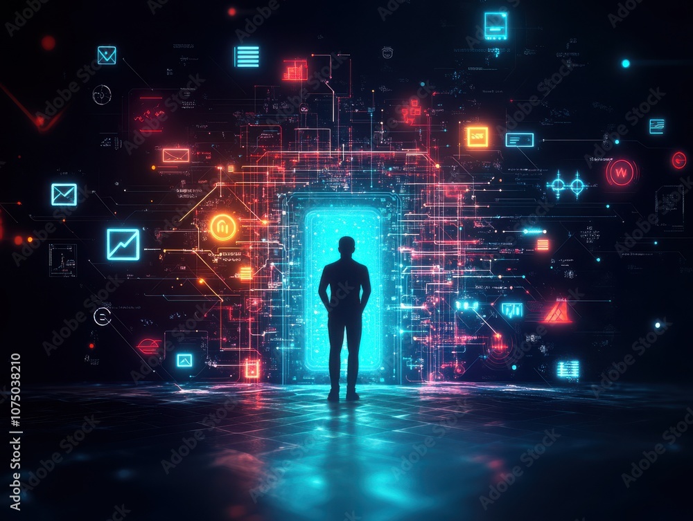 Poster a person standing before a portal of digital data and innovation.