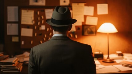 A detective in a suit examines clues in a dimly lit office.