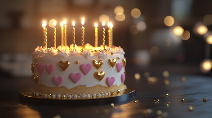 "Golden Delight: A Birthday Cake Adorned with Gold Candles and Heart-Shaped Sprinkles"