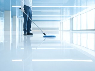Fototapeta premium A janitor cleaning a shiny floor in a modern office space.