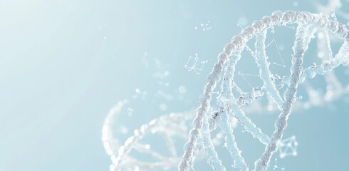 A digital illustration of an abstract DNA structure with scientific symbols and chemical formulas on a light blue background, with space for text or design elements.