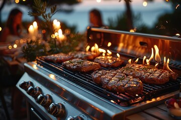 Scenic outdoor grill with cozy seating, wine, and gourmet ambiance