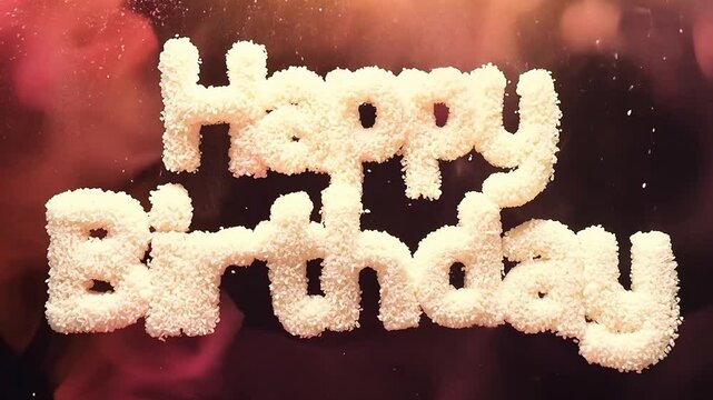 An animated lettering of the word Happy Birthday with lots of bright colors and particles.