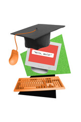 Vertical creative collage image of computer monitor screen coder numbers digital internet program...