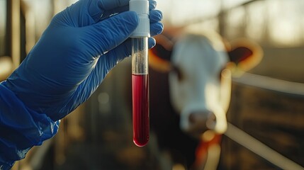 A gloved hand holds a test tube filled with red liquid, a cow blurred in the background