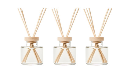 PNG set of 3 reed diffusers with wooden sticks, isolated 