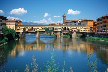 Fototapeta premium Visitors admire the iconic Ponte Vecchio as it spans the Arno River. The vibrant colors of the buildings and clear blue sky enhance the stunning view on a sunny day