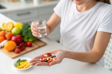 A woman holds a variety of colorful dietary supplements in one hand while grasping a glass of water in the other. In the background, a selection of fresh fruits and vegetables is spread across the kit