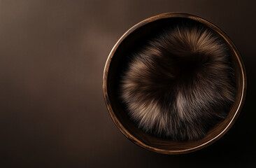 A soft, furry object placed in a round wooden bowl on a dark surface in a cozy setting