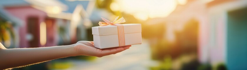 A hand presenting a beautifully wrapped gift at sunset.