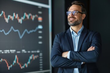 Smiling business leader with arms crossed, standing confidently in front of a screen displaying financial charts, symbolizing success and market analysis.