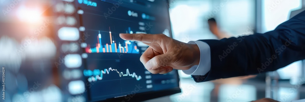 Poster businessman’s hand pointing at a digital screen displaying financial graphs and data, symbolizing ma