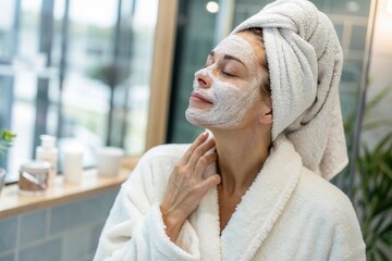 A woman in a cozy robe and towel enjoys a relaxing self care moment. She applies a facial mask, looking content as she takes care of her skin in a bright bathroom filled with natural light and plants.