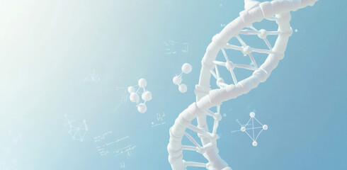 A digital illustration of an abstract DNA structure with scientific symbols and chemical formulas on a light blue background, with space for text or design elements.