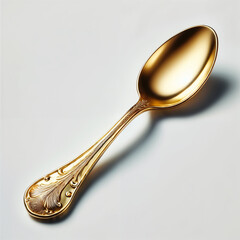 Shiny gold spoon isolated on a clean white background, showcasing a sleek, elegant, and minimalistic design. Ideal for highlighting dining, kitchenware, or luxury themes 
