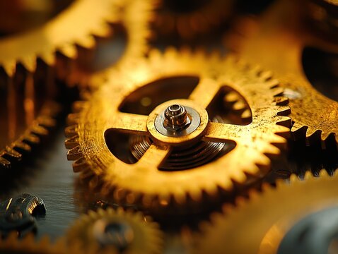 A macro photograph of intricate clock gears and cogs interlocking together. The metallic textures are highlighted in antique gold and bronze tones, showcasing the craftsmanship.