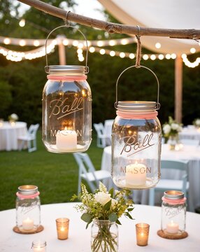 DIY mason jar lanterns lighting a backyard wedding reception