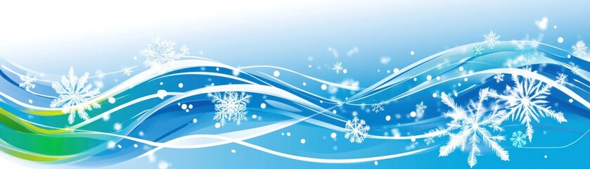 A vibrant winter-themed graphic featuring flowing blue waves and snowflakes.