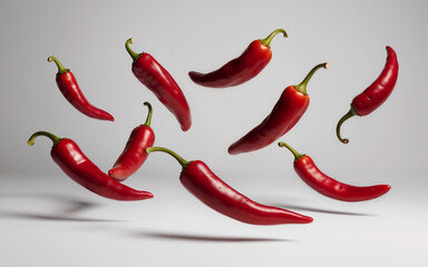 A vibrant collection of red chili peppers in various sizes and shapes, showcasing their glossy, fresh appearance against a plain gray background. Ideal for food blogs, recipes and spice ads