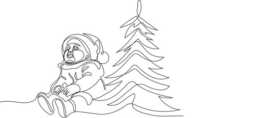 Character With A Sack Full Of Gifts. Vector Hand Drawn Illustration. One continuous line drawing Santa Claus on reindeer and sled. concept for Christmas and New Year