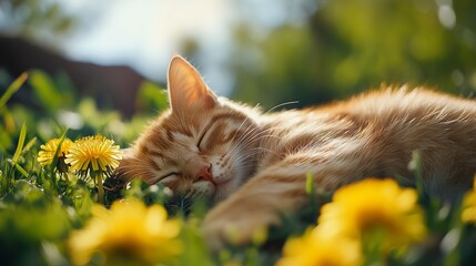 Ginger Cat Sleeping on Grass with Dandelions, Award-Winning Spring Photography. AI generated illustration