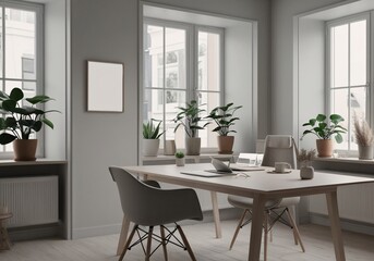A serene workspace features a light wood desk surrounded by plants, large windows letting in natural light, and minimalist décor creating a calm environment for productivity