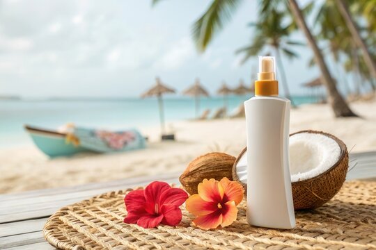 A white sunscreen bottle rests beside a fresh coconut and colorful tropical flowers on a woven mat. Palm trees sway in the background, while a tranquil beach and a distant boat create a tropical parad