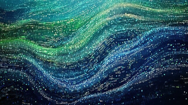 Abstract blue and green tones digital binary code wave background