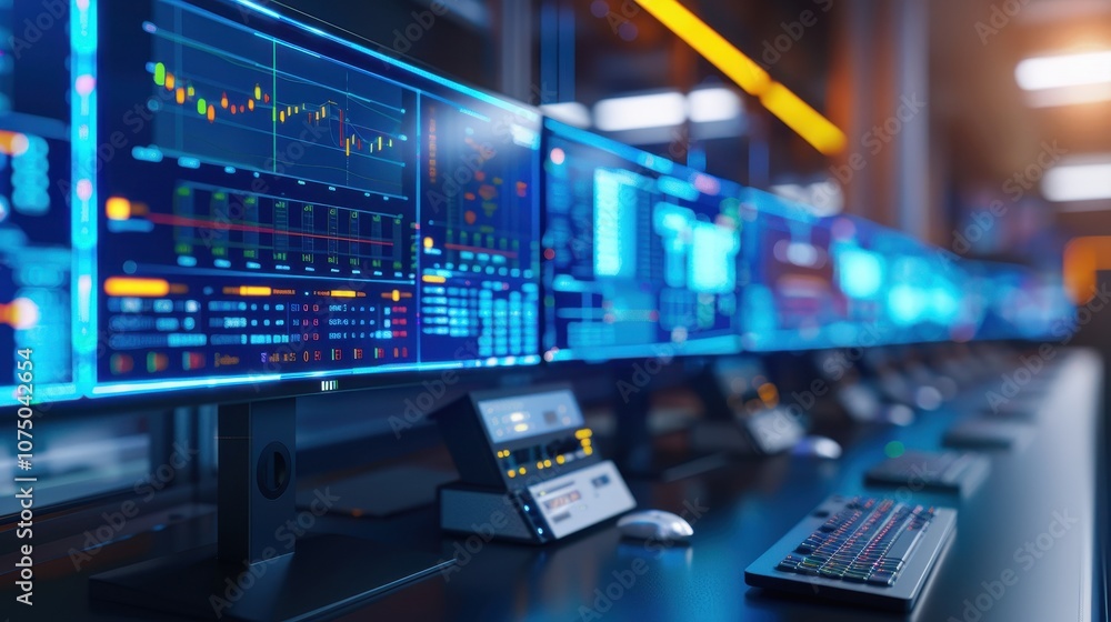 Poster high-tech trading desk with multiple monitors displaying real-time financial data, market analytics,
