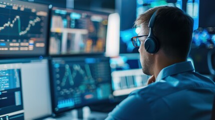 Fototapeta premium Financial analyst wearing a headset and closely monitoring stock market data on multiple screens, analyzing trends in a high-tech trading environment.