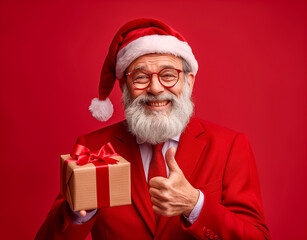 Naklejka premium Cheerful old man Santa Claus holding gift box and raise thumb up on red background.