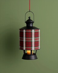 Festive plaid lantern with cozy holiday pattern on plain green background