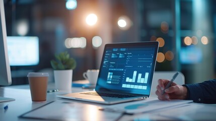 Contemporary office workspace at night featuring a laptop with analytics graphs, coffee cup, and potted plant, perfect for productivity themes.