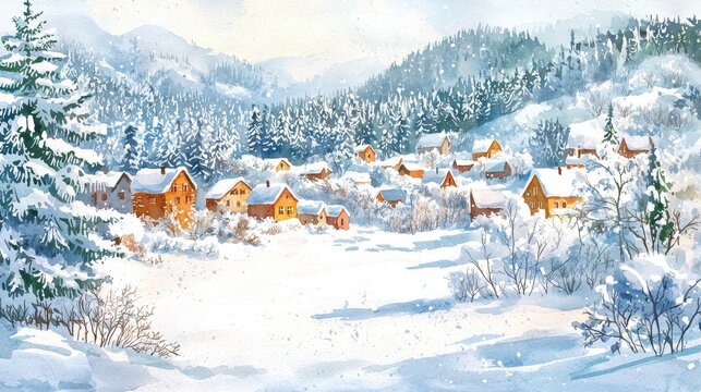 Charming winter village surrounded by snow-covered mountains, pine trees, and cozy cottages. A peaceful scene capturing the essence of winter.