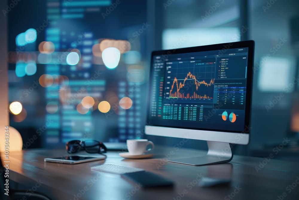 Poster desktop with financial data displayed on monitor in modern office setting at night