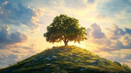 Obraz premium Majestic Oak Tree on a Grassy Hill at Sunset in a Fantasy Landscape. AI generated illustration