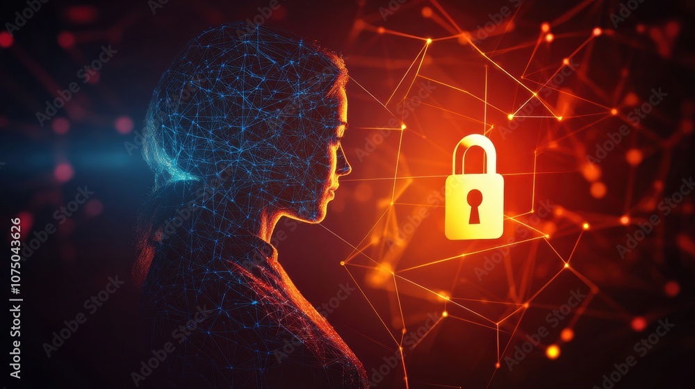 Poster the silhouette of a person is highlighted by a digital background featuring a prominent lock symbol,