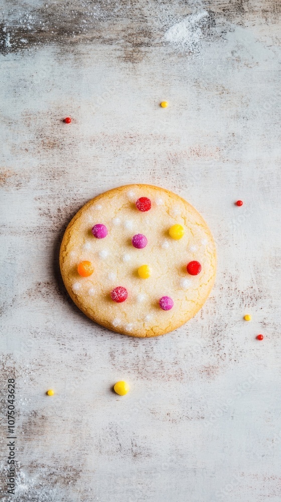 Poster a decorated cookie with colorful candy dots on a rustic surface.