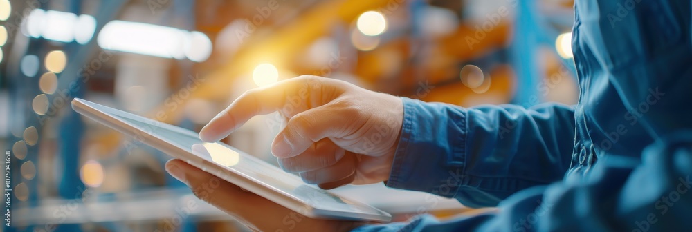 Poster close-up of hand using digital tablet in warehouse setting with bokeh lights