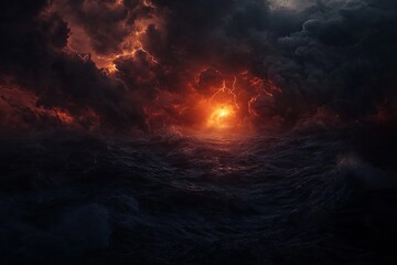 Fototapeta premium Ominous Stormy Sky with Lightning Over the Ocean. AI generated illustration