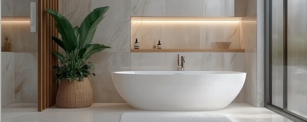 Modern bathroom with freestanding bathtub and large window.
